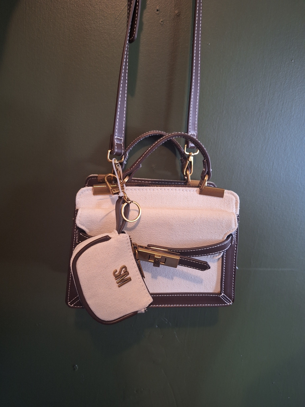 Steve Madden Beige Canvas Mini Crossbody with Brown Trim